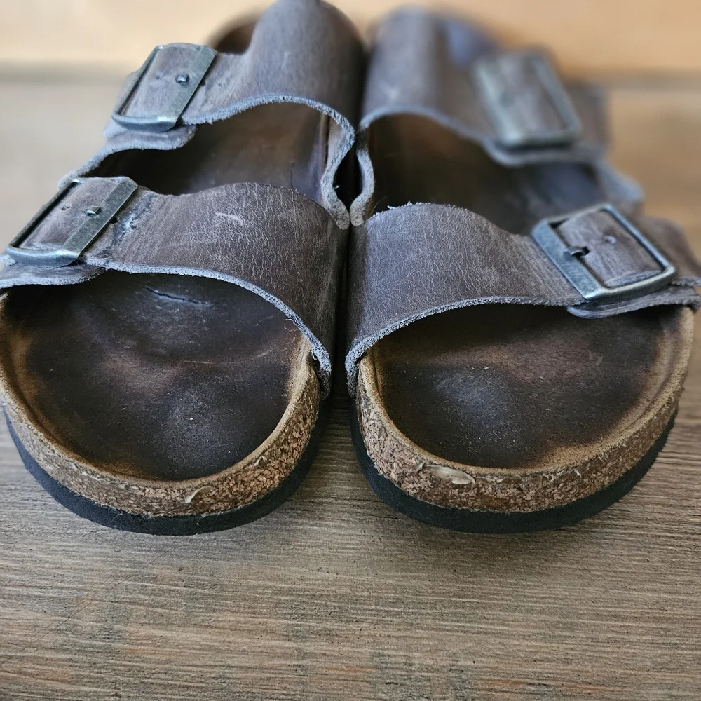 Birkenstock gray brown leather slippers slides sandals - Picture 5 of 16